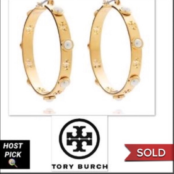 Tory Burch Jewelry - TORY BURCH LOGO T-& PEARL HOOP EARRINGS SOLD OUT
